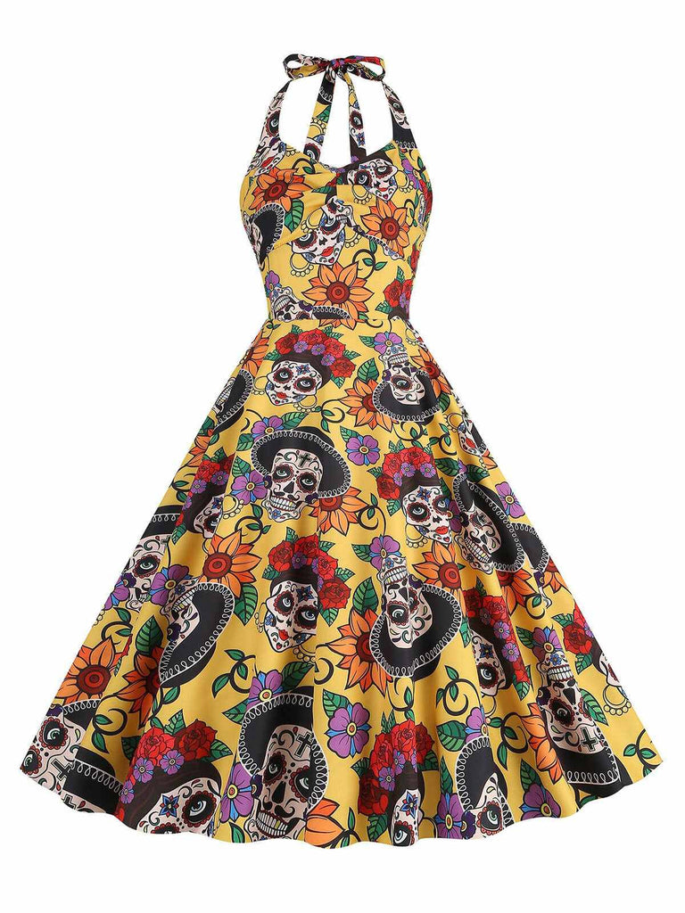 Abito con teschio hippie e fiocco giallo anni '50
