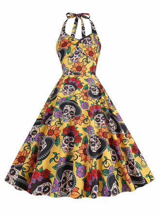 Abito con teschio hippie e fiocco giallo anni '50