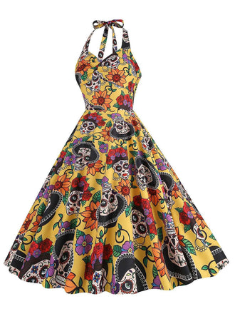 Abito con teschio hippie e fiocco giallo anni '50