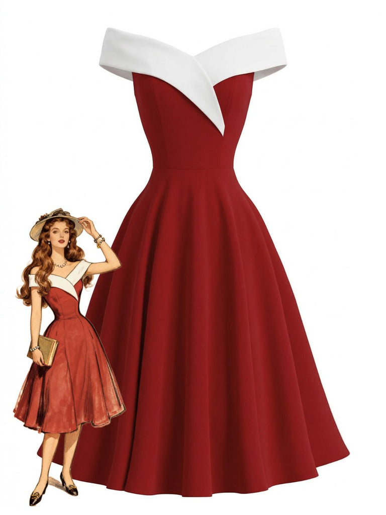 Abito-Anni '50-Color-Block-a-Spalle-Scoperte-Senza-Maniche