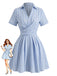 Vertical Righe Johnny Collar Criss-Cross Abito Blu Anni '50