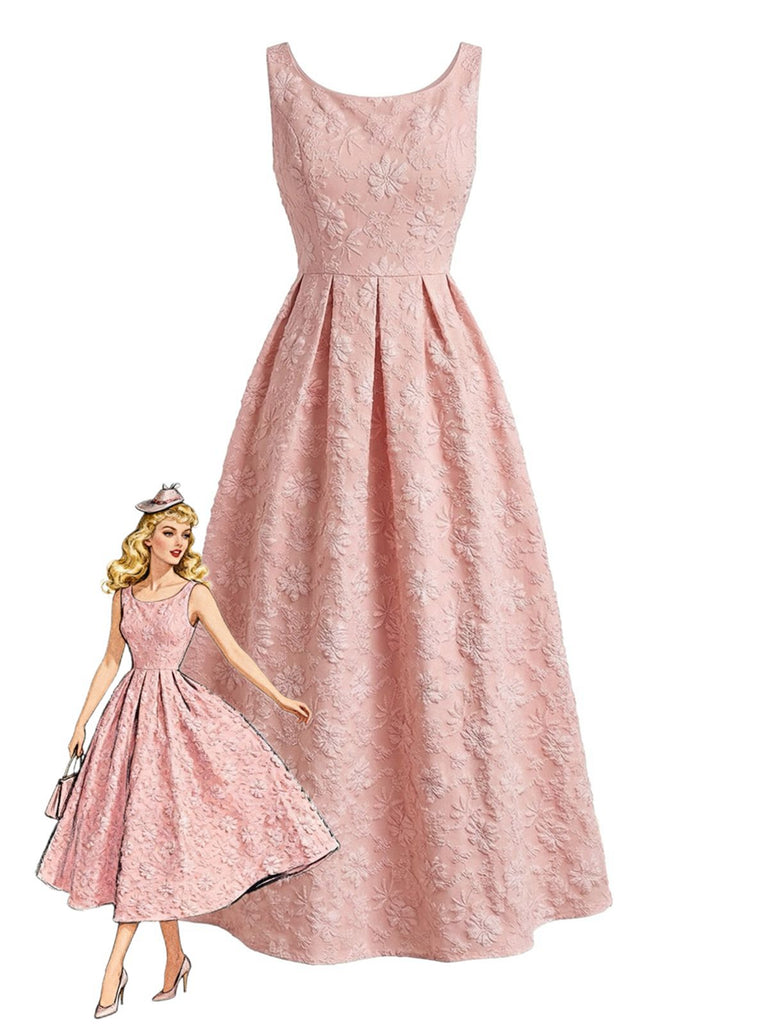 Abito-Lungo-Rosa-Anni '30-Floreale-Jacquard-Con-Senza-Maniche