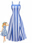 Abito Midi Blu e Bianco Anni '50 a Righe con Spalline Sottili