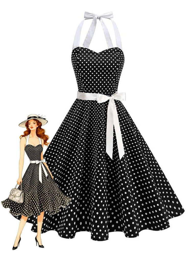 Abito-a-Ruota-Anni '50-a-Pois-con-Scollo-All'americana