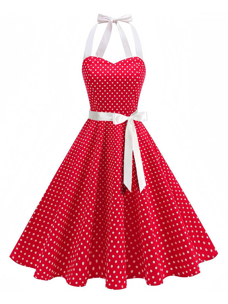 Abito-a-Ruota-Rosso-Anni '50-a-Pois-con-Scollo-All'americana