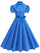 Abito-a-ruota-blu-anni '50-a-pois-con-colletto-a-camicia-e-cintura