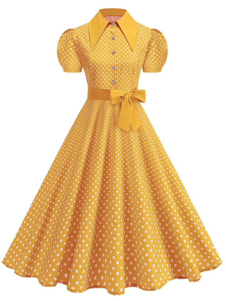 Abito-a-ruota-giallo-anni '50-a-pois-con-colletto-a-camicia-e-cintura