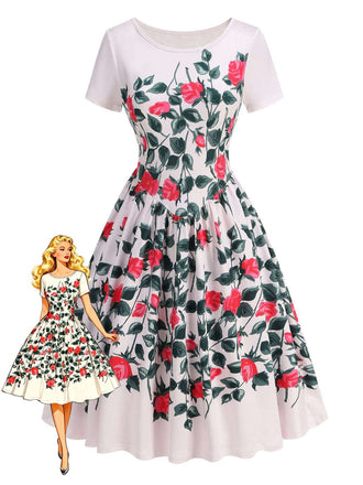 Abito-a-ruota-rosa-anni '50-con-rose-e-foglie-verdi
