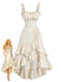 Abito-beige-anni '80-tinta-unita-con-orlo-a-balze-e-bretelle