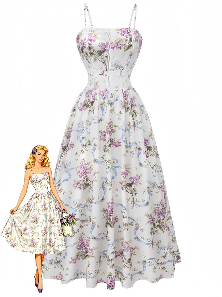 Un abito midi bianco a trapezio con una stampa romantica di fiori viola e nastri blu, abbinato a spalline sottili e vita stretta, raffigurato con un'illustrazione di moda retrò.