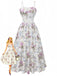 Un abito midi bianco a trapezio con una stampa romantica di fiori viola e nastri blu, abbinato a spalline sottili e vita stretta, raffigurato con un'illustrazione di moda retrò.