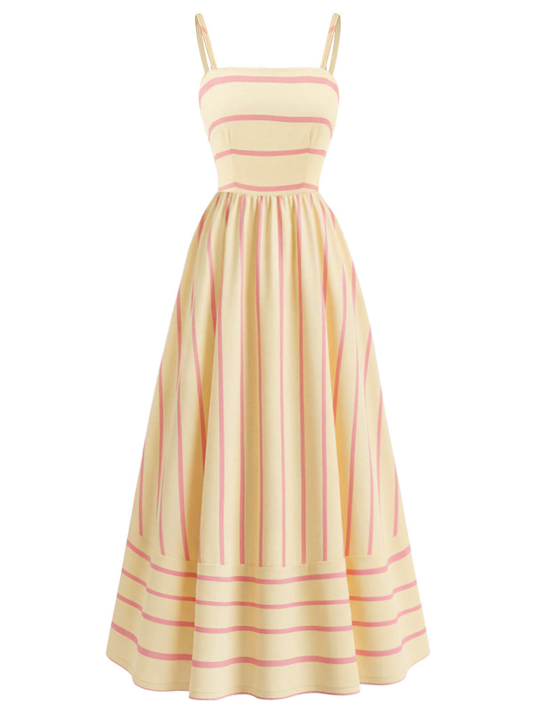Abito-giallo-anni '30-a-righe-con-spalline-sottili-e-pieghe-a-smock