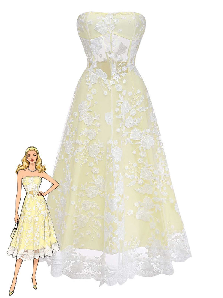 Abito-giallo-anni '50-con-ricami- floreali-e-pizzo-trasparente-senza-spalline