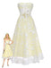 Abito-giallo-anni '50-con-ricami- floreali-e-pizzo-trasparente-senza-spalline