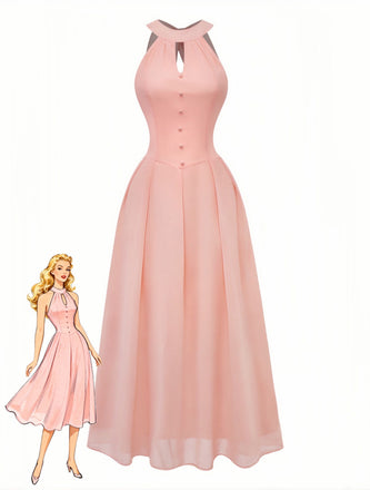 Abito-lungo-color-pesca-anni '40-con-scollo-all'americana-ritagli
