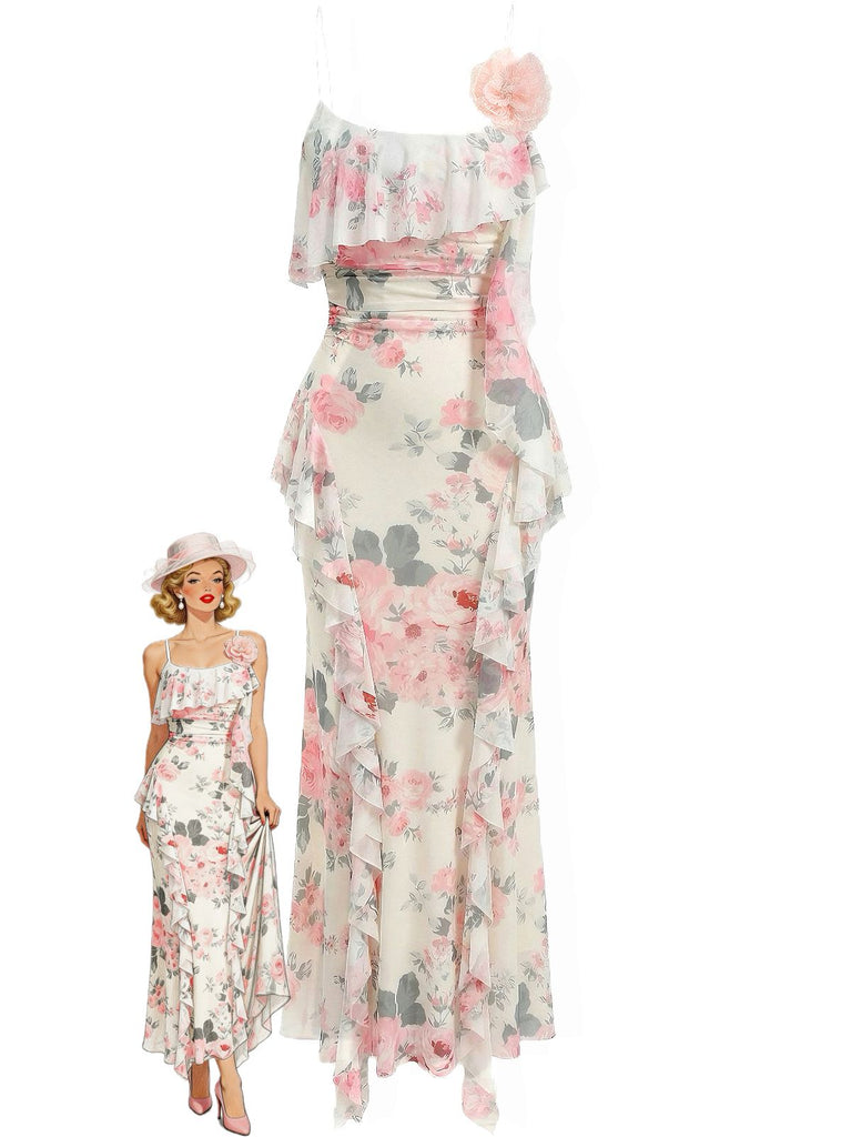 Un abito lungo color crema con una romantica stampa floreale di rose rosa, delicate spalline sottili e scollatura a balze, raffigurato con un'illustrazione di moda retrò.