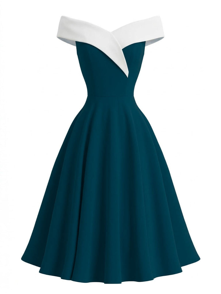 Abito-verde-Anni_50-Color-Block-a-Spalle-Scoperte-Senza-Maniche