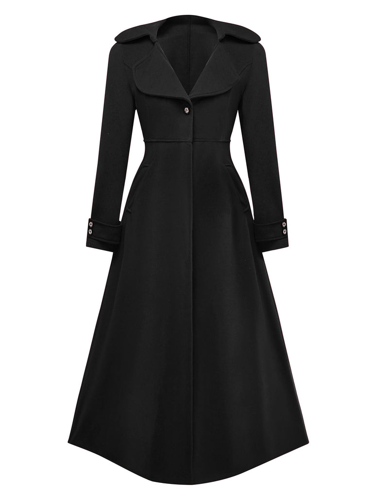 Cappotto lungo con colletto a dente in finta lana nero anni '40
