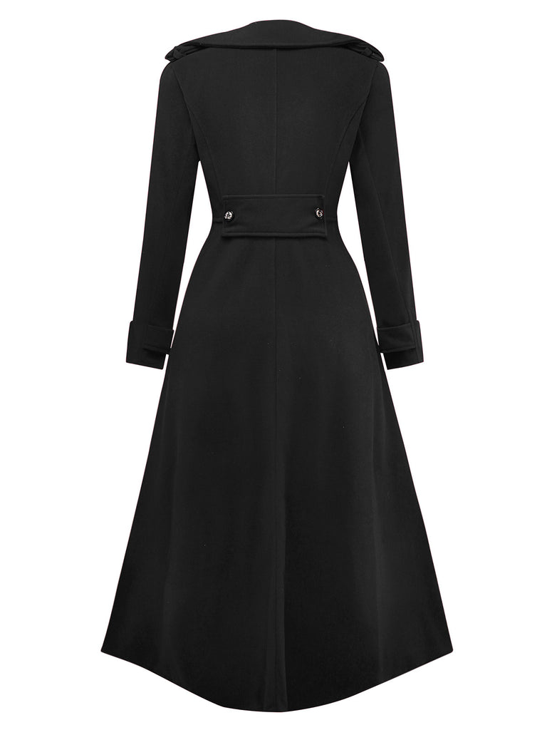 Cappotto lungo con colletto a dente in finta lana nero anni '40