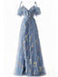 [Prevendita] Abito in rete ricamato a fiori a sottoveste con spacco blu anni '70
