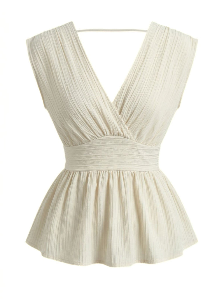 Camicetta Peplum Senza Maniche Scollo a V Profondo Beige Anni '50