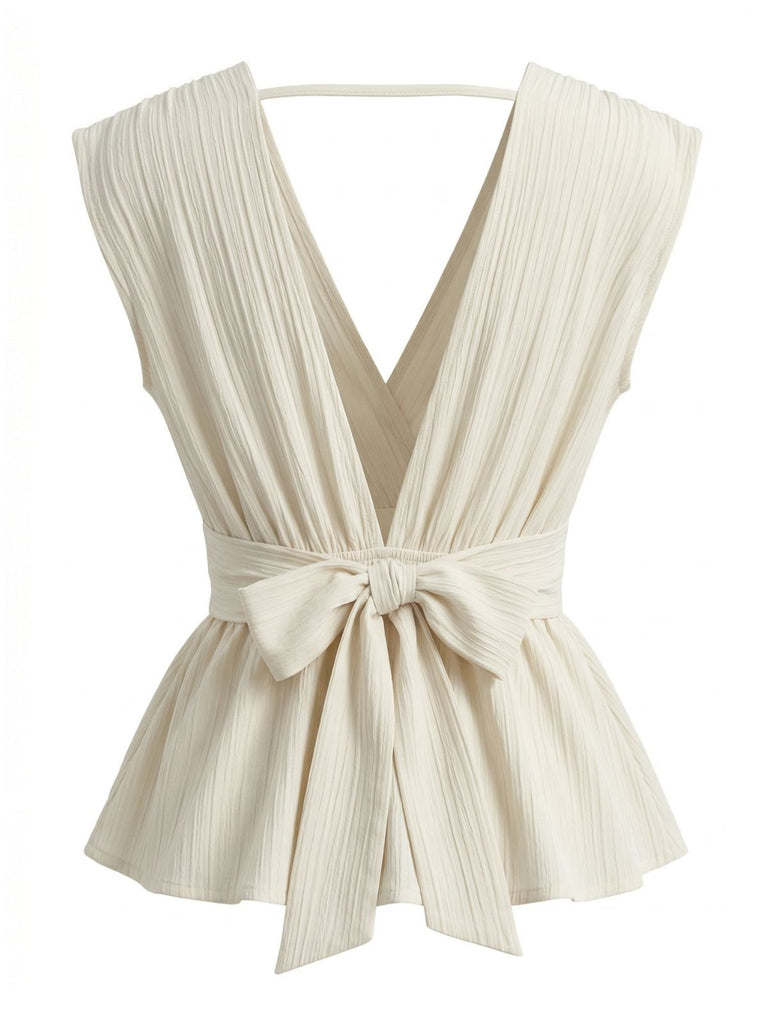 Camicetta Peplum Senza Maniche Scollo a V Profondo Beige Anni '50 2