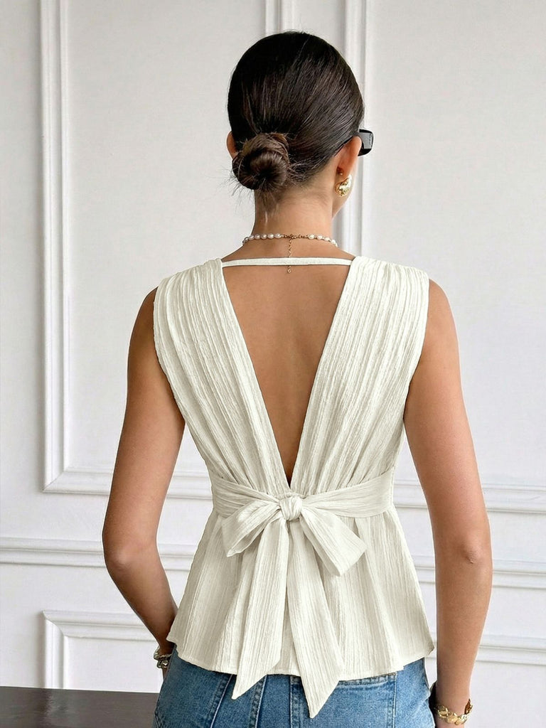 Camicetta Peplum Senza Maniche Scollo a V Profondo Beige Anni '50 3