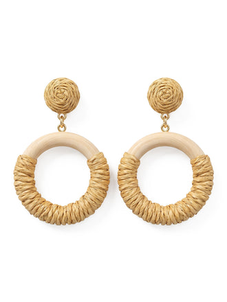 Orecchini Pendenti Vintage in Rattan Intrecciato e Legno Beige
