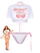 Completo da bagno composto da tre pezzi, una maglietta corta bianca con la scritta "Cherry Love" e un bikini coordinato con trama floreale e finiture rosa.