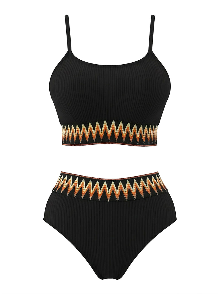 Bikini-nero-a-coste-con-vita-alta-e-motivo-a-zigzag-anni_50