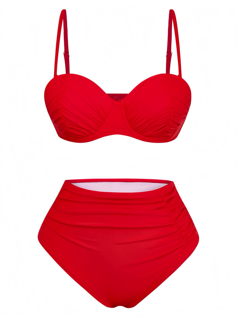 true-red-1940s-High-Waisted-Ruched-Bikini-Set
