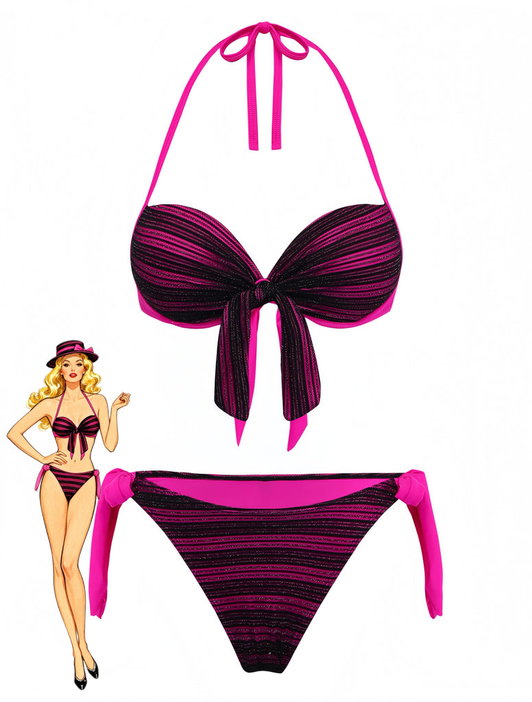 Bikini-viola-anni '60-righe-e-fiocco-con-scollo-all'americana