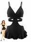 Costumi Intero Nero Anni '40 a Volant Incrociato con Cut-Out