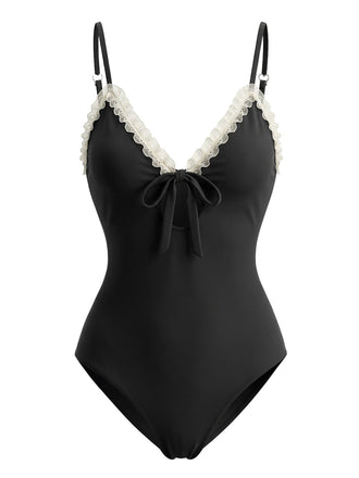 Nero Costume da Bagno Intero con Bordo in Pizzo e Nodo Frontale Anni '40 2