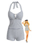 Set Tankini Nero Anni '40 con Schiena Scoperta a Righe Traforato