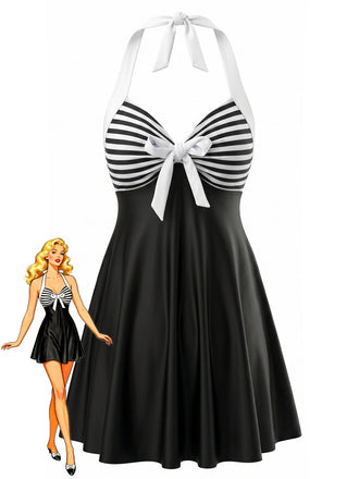 Set Tankini a Righe Halter con Nodo Nero Anni '40