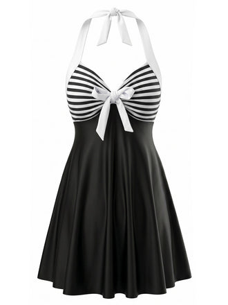 Set Tankini a Righe Halter con Nodo Nero Anni '40 2