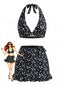 3PCS Set Bikini Nero Anni '60 Floreale con Scollo All'americana e Copricostume