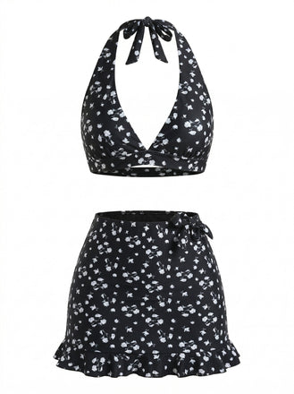 3PCS Set Bikini Nero Halter Floreale e Copricostume Anni '60 2
