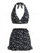 3PCS Set Bikini Nero Halter Floreale e Copricostume Anni '60 2