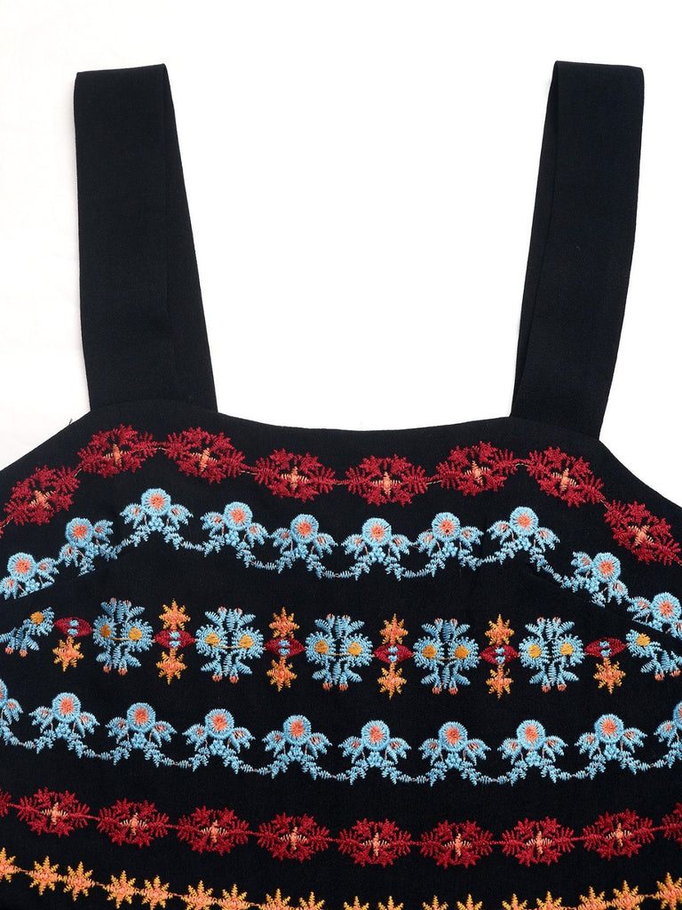 Pagliaccetto Smock Scollo Quadrato Ricamato Floreale Nero Anni '50