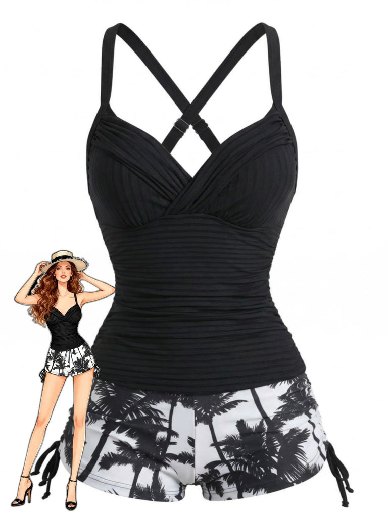 [Pre-Vendita] Set Tankini Increspato con Lacci a Stampa Palme Nero Anni '50