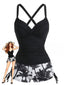 Set Tankini Nero Anni '50 a Stampa Palme Increspato con Lacci