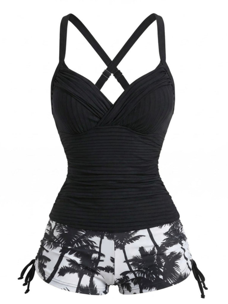 [Pre-Vendita] Set Tankini Increspato con Lacci a Stampa Palme Nero Anni '50 2