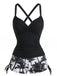 [Pre-Vendita] Set Tankini Increspato con Lacci a Stampa Palme Nero Anni '50 2