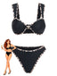 Set Bikini Nero Anni '50 a Bordo Leopardato con Ornamenti Metallici a Stella di Mare