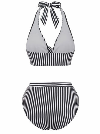 Set Tankini Nero Anni '50 a Righe con Scollo all'americana