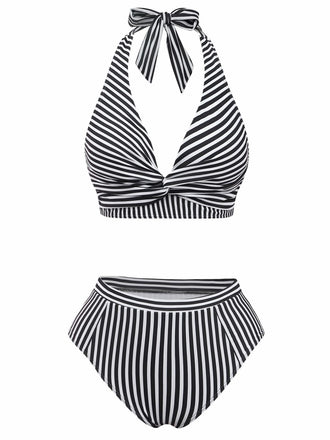 Set Tankini Nero Anni '50 a Righe con Scollo all'americana