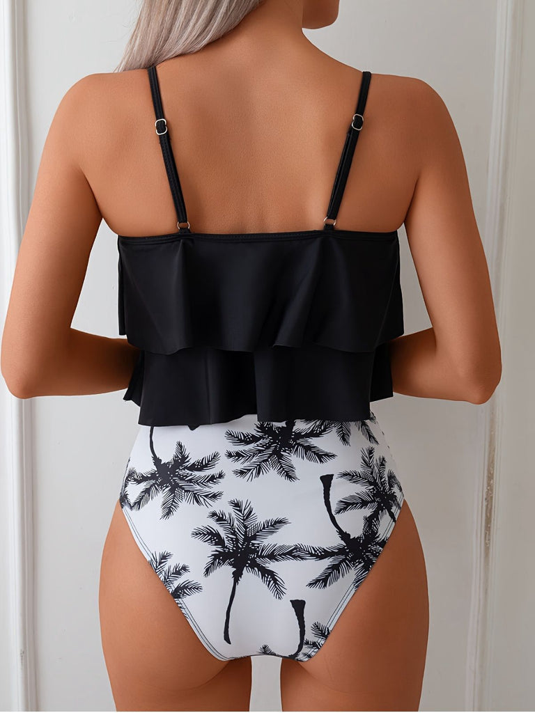 Set Tankini Nero Anni '50 con Volant e Palma di Cocco