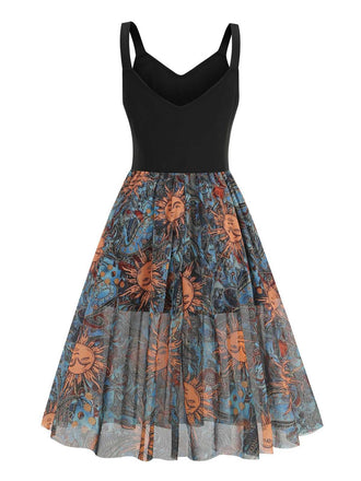 Black 1950s Sun Face Print Sleeveless A-line Dress: where 1950s romance meets her modern spirit
